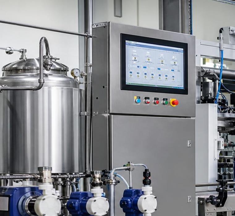Industrial control panel displaying formula management software for automatic liquid dosing
