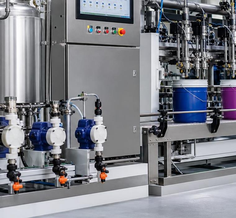 Industrial dosing pumps valves and fluid piping for controlled liquid dispensing
