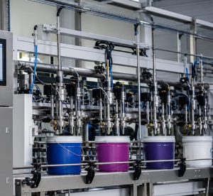 Automatic paint filling line with multiple dispensing valves and containers