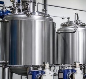 Stainless steel liquid storage tanks and metering pumps in an automated dosing system