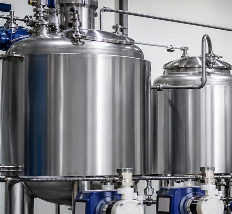 Stainless steel liquid storage tanks and metering pumps in an automated dosing system